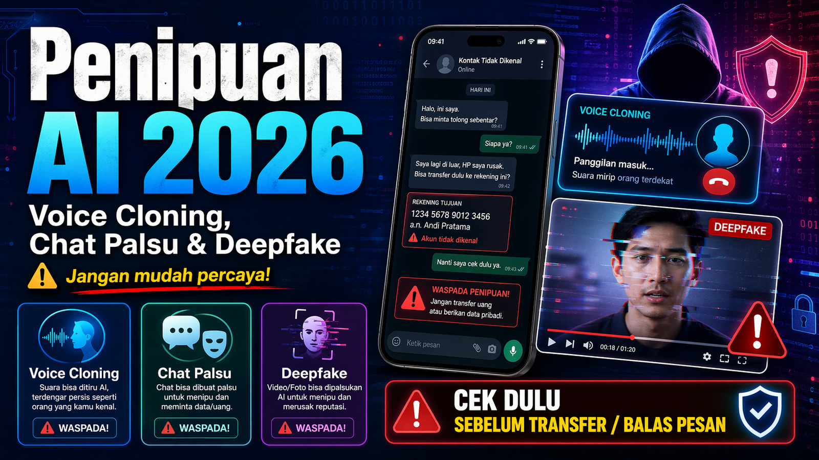 Hati-Hati Penipuan AI 2026: Cara Mengenali Voice Cloning, Chat Palsu, dan Deepfake Sebelum Terlambat
